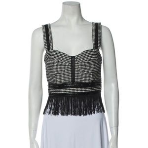 Jonathan Simkhai Black and White Houndstooth Fringe Crop Top